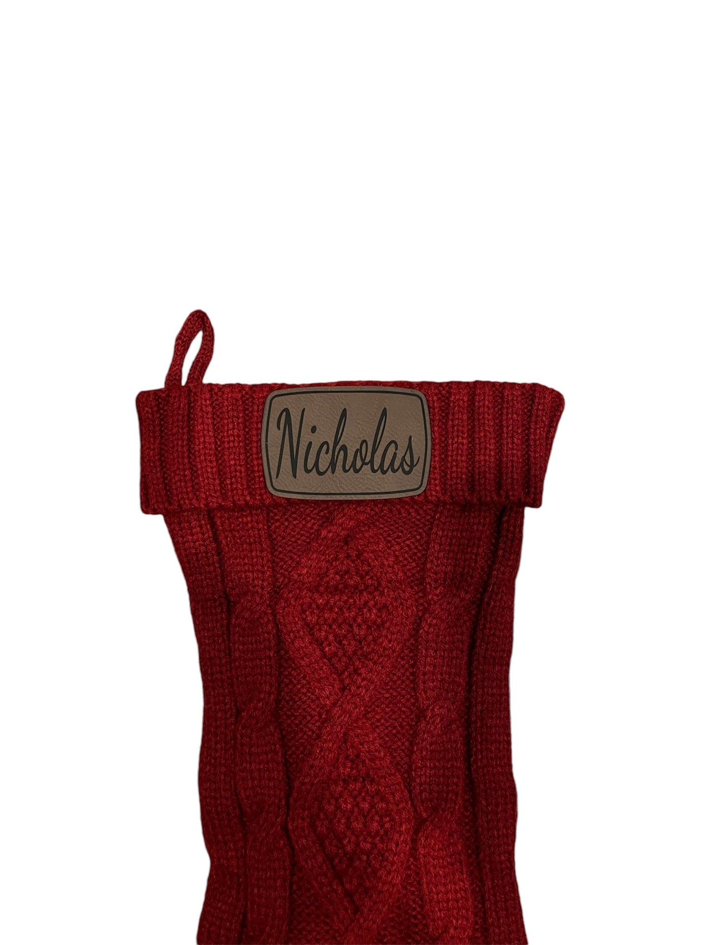 18” Christmas stocking with custom leatherette name patch