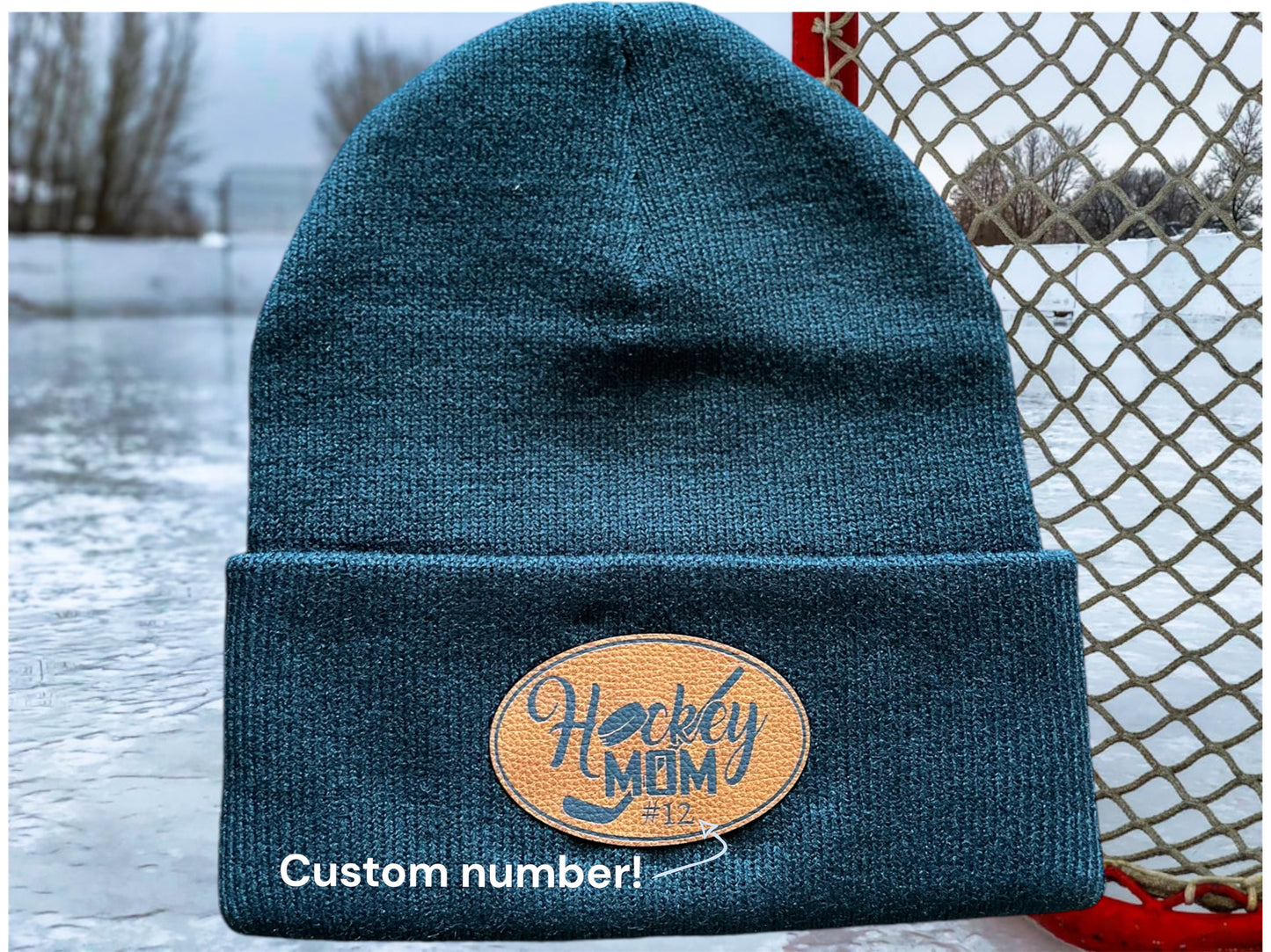 Hockey mom: winter beanie with leatherette patch