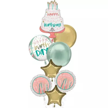 Deluxe Happy Cake Day Birthday Foil Balloon Bouquet with Balloon Weight, 9pc